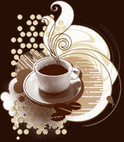 Tasa de café con diseño de fondo en espirales y granos de café archivo PSD para editar en Photoshop