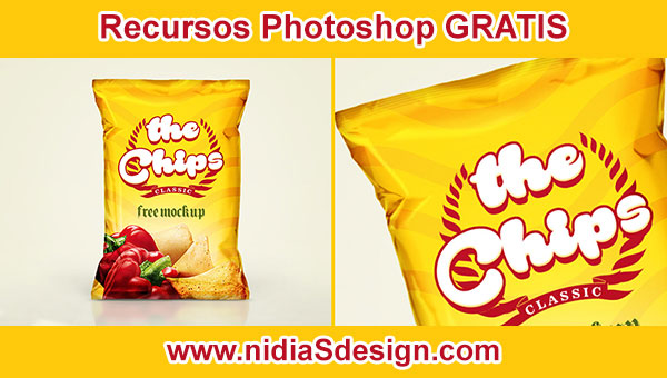 1. Mockup template bolsa amarilla de papas fritas "the chip - classic"